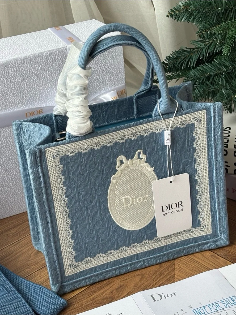 Dior Blue Embroidered Book Medium Tote Shoulder Bag